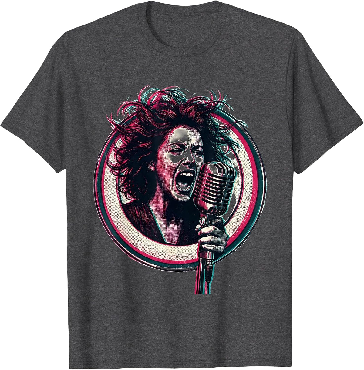 Band Women Lead Singer Vintage Microphone Graphic T-Shirt - Dark Heather Grey