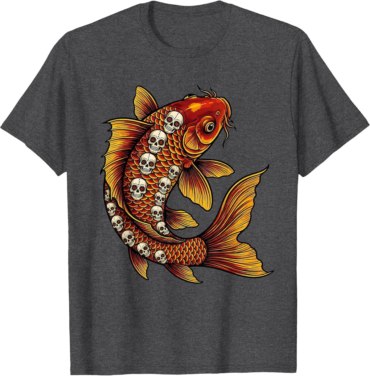 Dia de los Muertos Sugar Skull Koi Fish Art T-Shirt - Dark Heather Grey