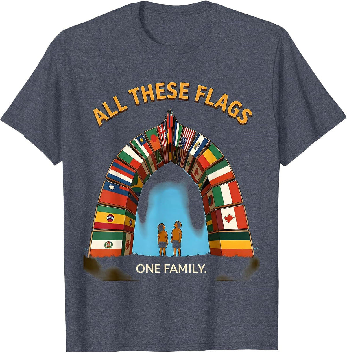 All These Flags, One Family Educational World Geography Kids T-Shirt - Heather Blue