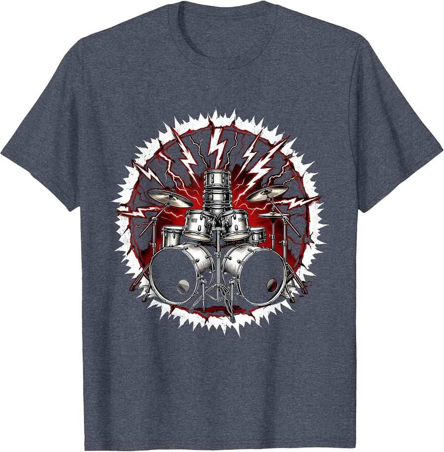Double Bass Drum Kit Exploding Lightning Bolts T-Shirt - Heather Blue