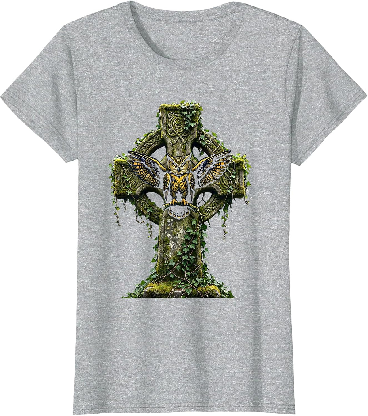 Women's Halloween Owl on Mossy Stone Cross Illustration T-Shirt - Heather Grey