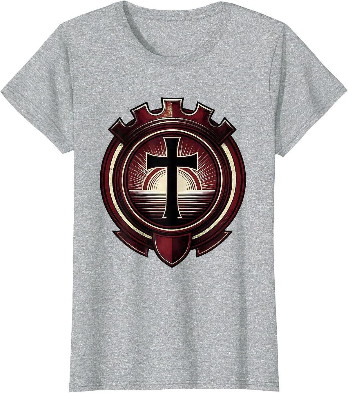 Women's Cross Silhouette Blood Red Sunset Graphic T-Shirt - Heather Grey