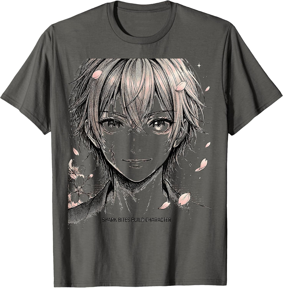 Men's Shark Bites Build Character Funny Ocean Design T-Shirt - Asphalt Grey