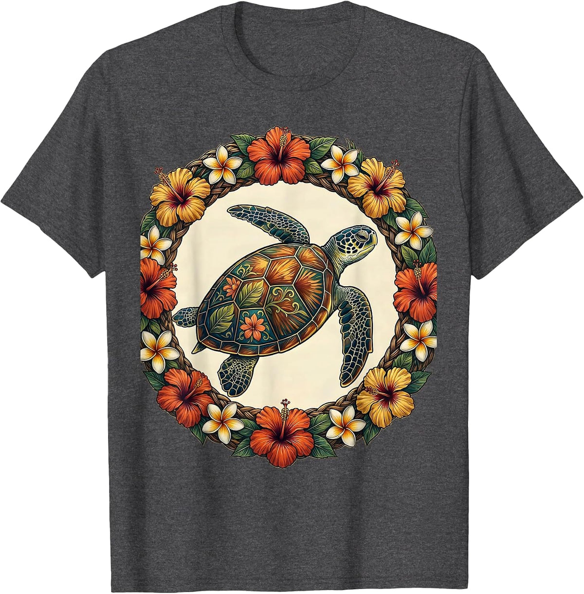 Hawaiian Sea Turtle Floral Shell Graphic T-Shirt - Dark Heather Grey