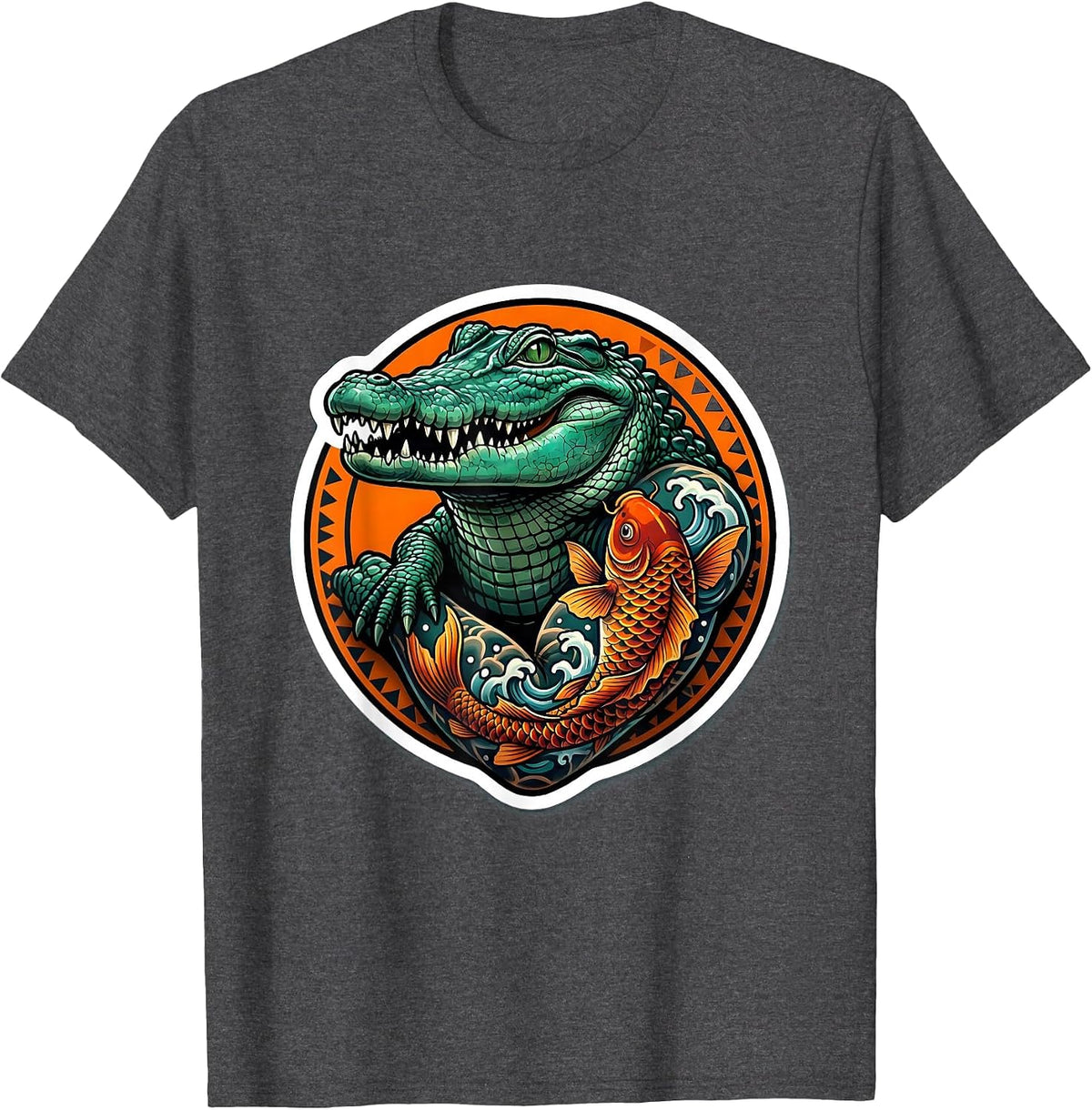 Men's Gator with Koi Fish Tattoo Sleeve Illustration T-Shirt - Dark Heather Grey