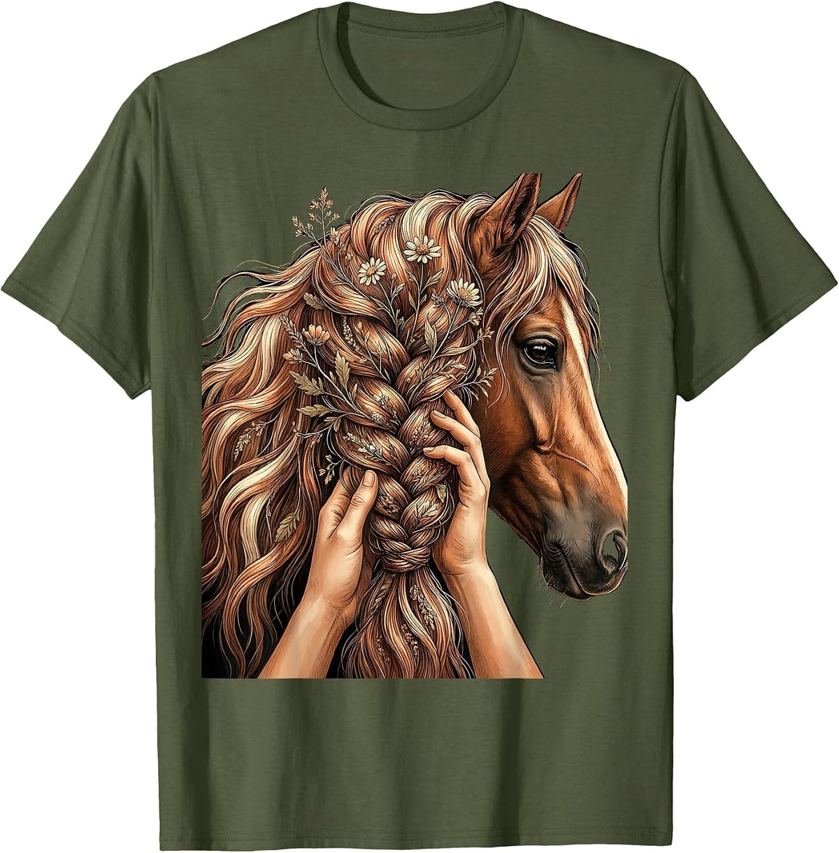 Horse Mane Braiding Country Life Graphic T-Shirt - Olive Green