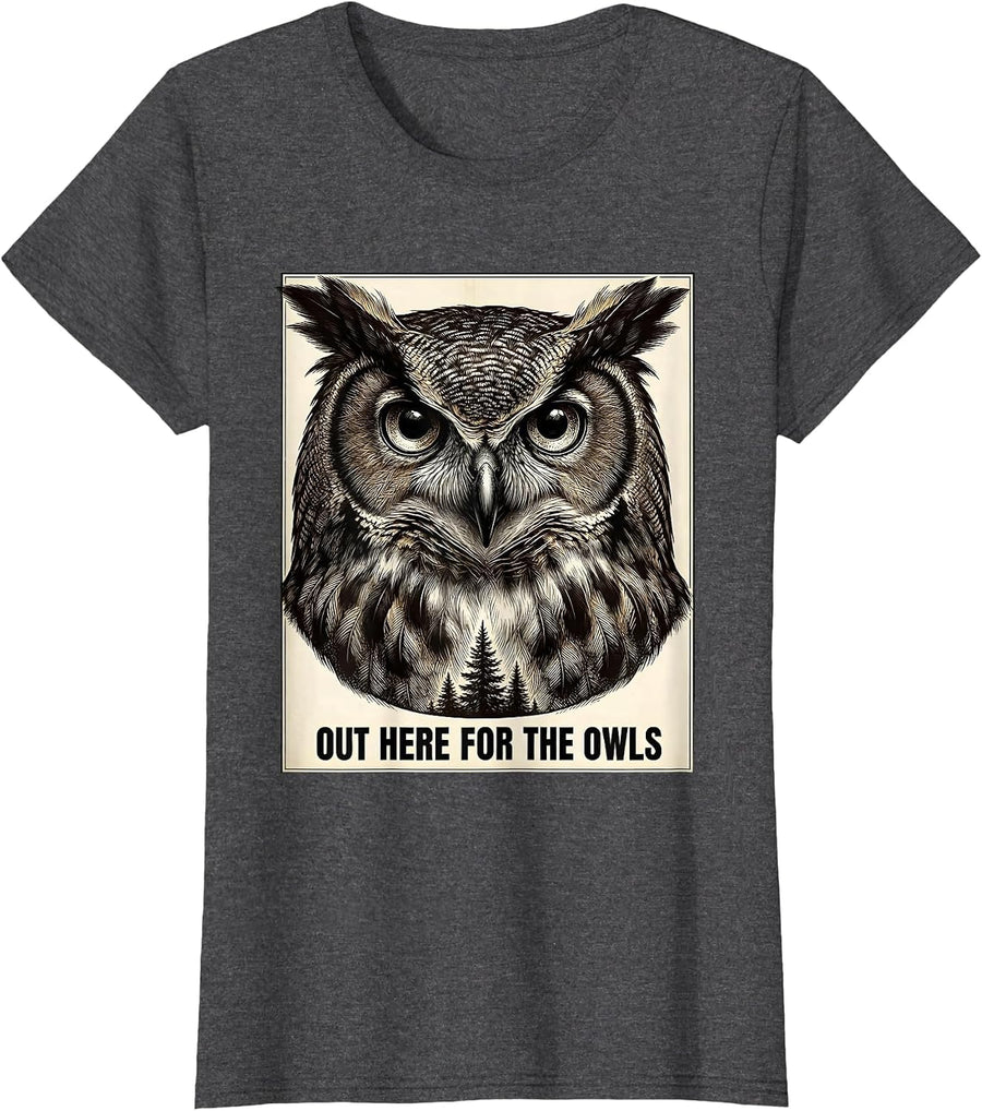 Women's Out Here For The Owls Crosshatch Etching Forest Wildlife T-Shirt - Dark Heather Grey