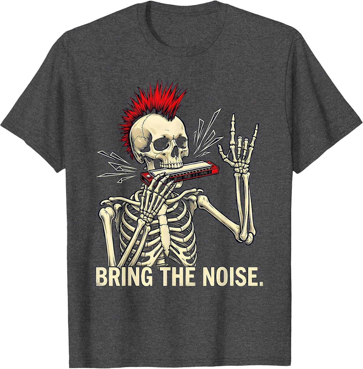 Men's Bring The Noise Punk Rock Skeleton Skull Halloween Music T-Shirt - Dark Heather Grey