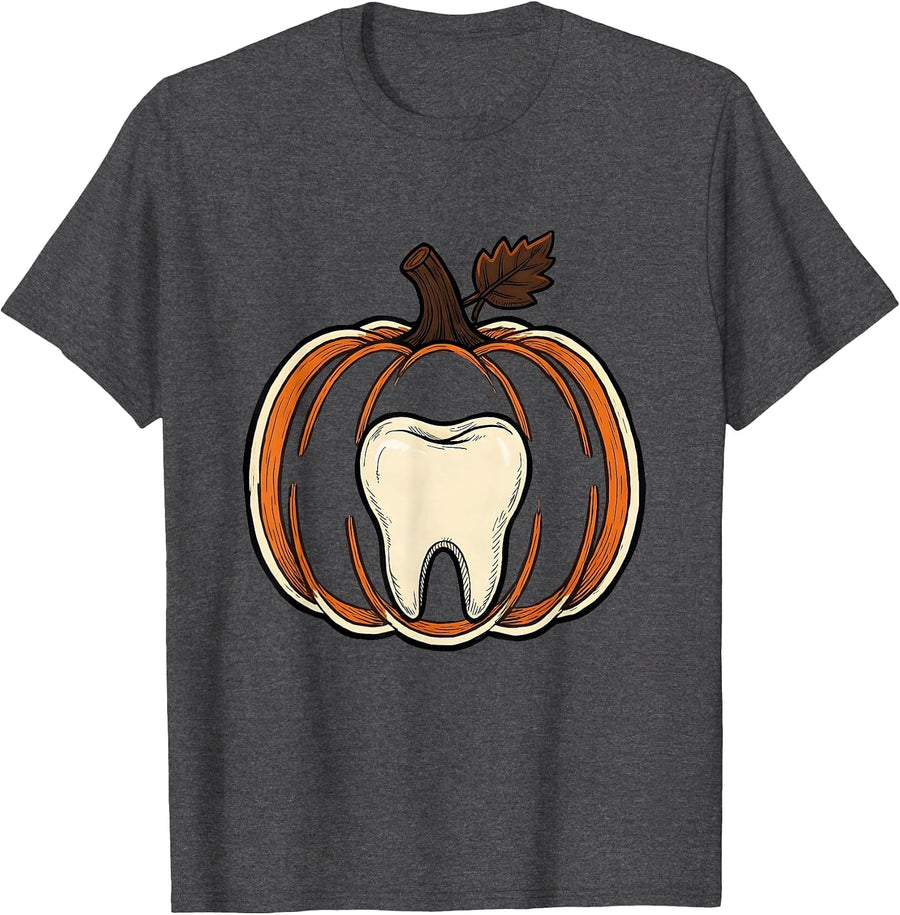 Men's Dental Floss Pumpkin Loop Halloween Dental Hygienist Humor T-Shirt - Dark Heather Grey