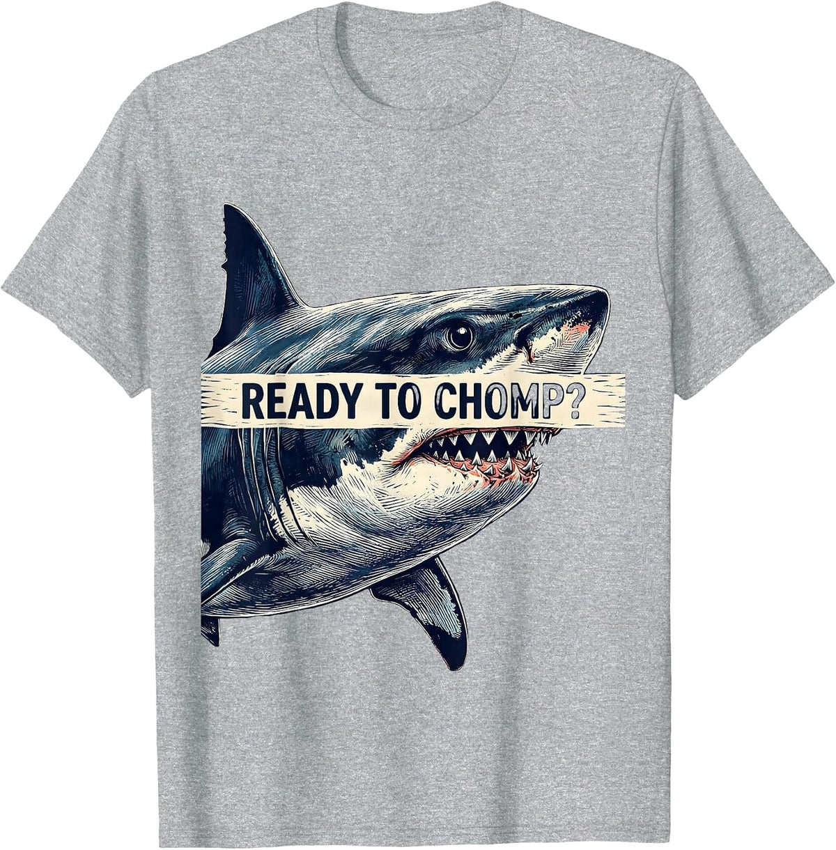 Men's Ready To Chomp Funny Shark Lover Ocean Humor Linocut T-Shirt - Heather Grey