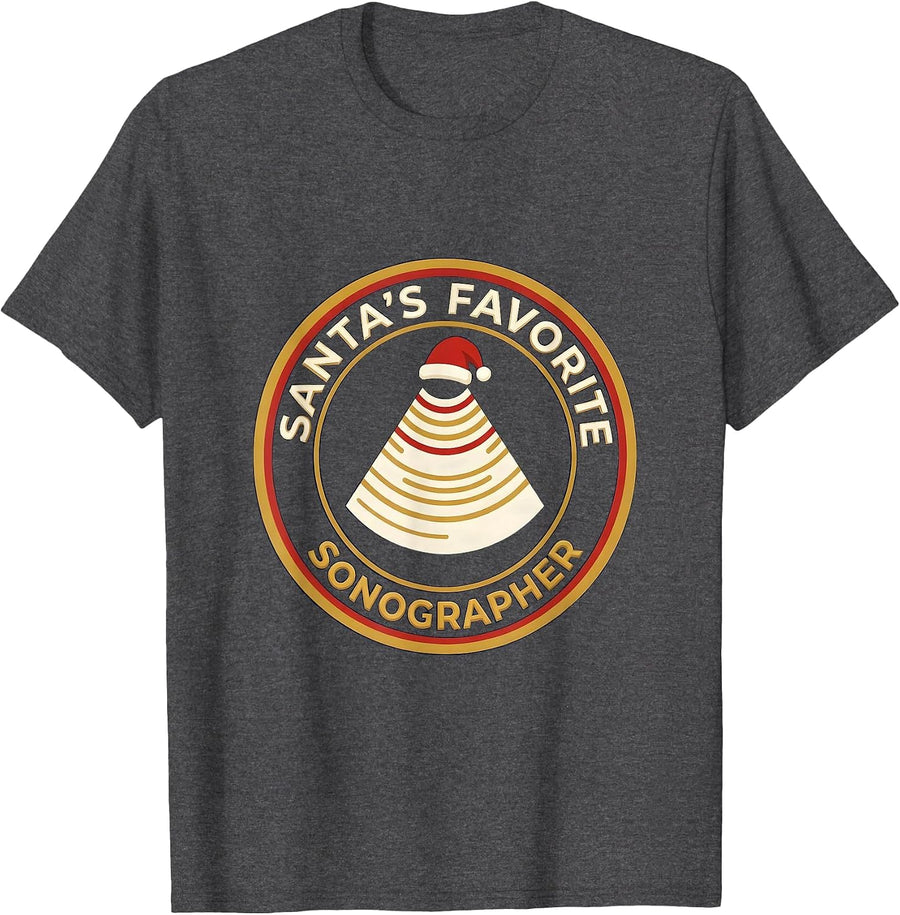 Men's Santa's Favorite Sonographer Funny Medical Tech Christmas T-Shirt - Dark Heather Grey