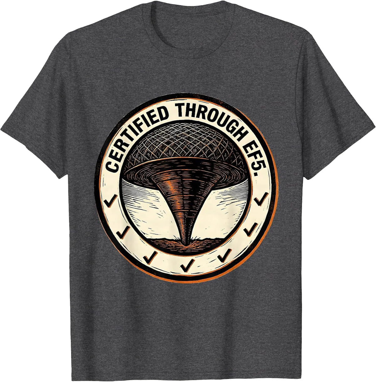 Men's Certified Through EF5 Linocut Tornado Storm Chaser T-Shirt - Dark Heather Grey