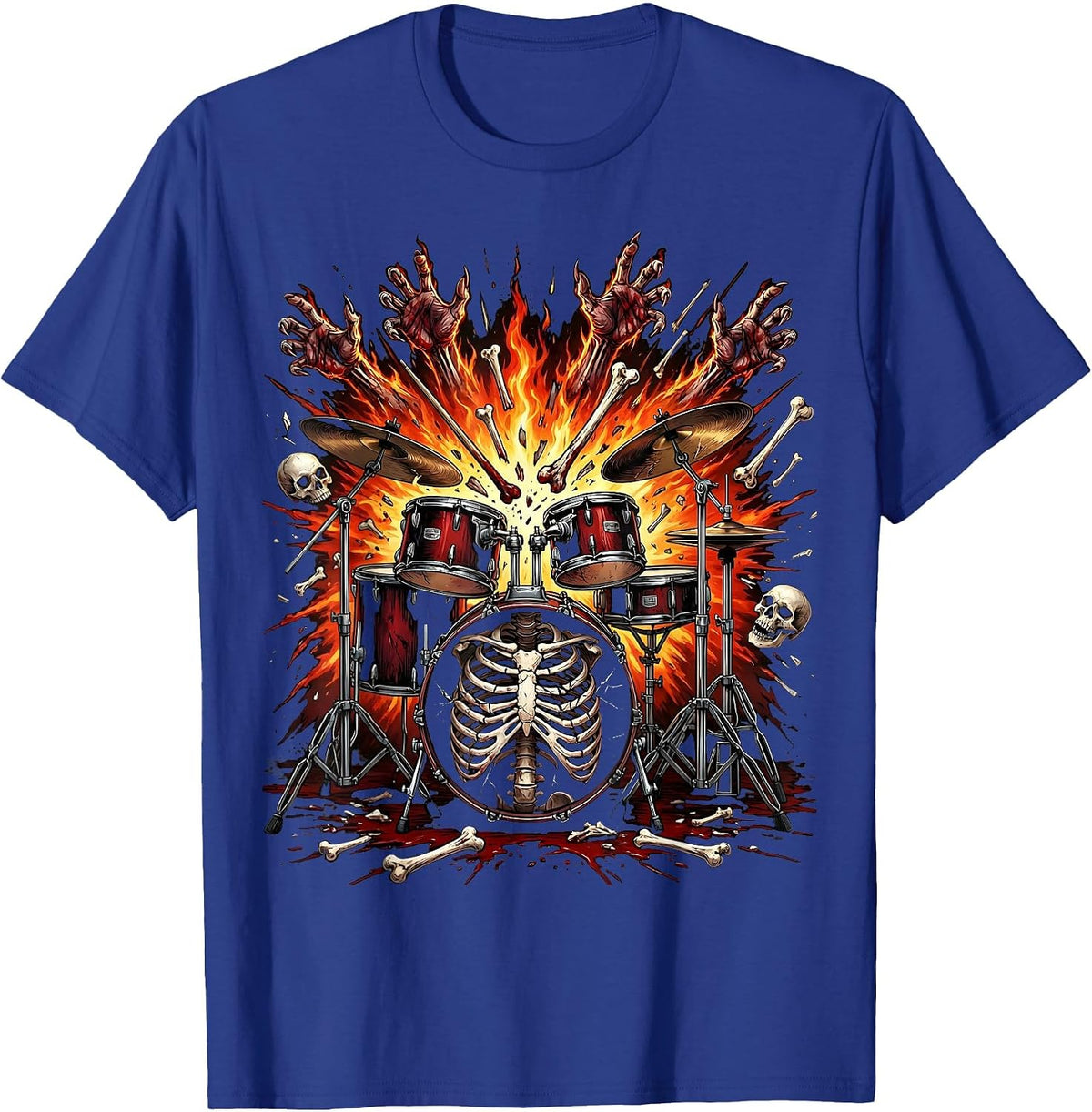 Exploding Drum Kit Fiery Punk Band Graphic T-Shirt - Royal Blue