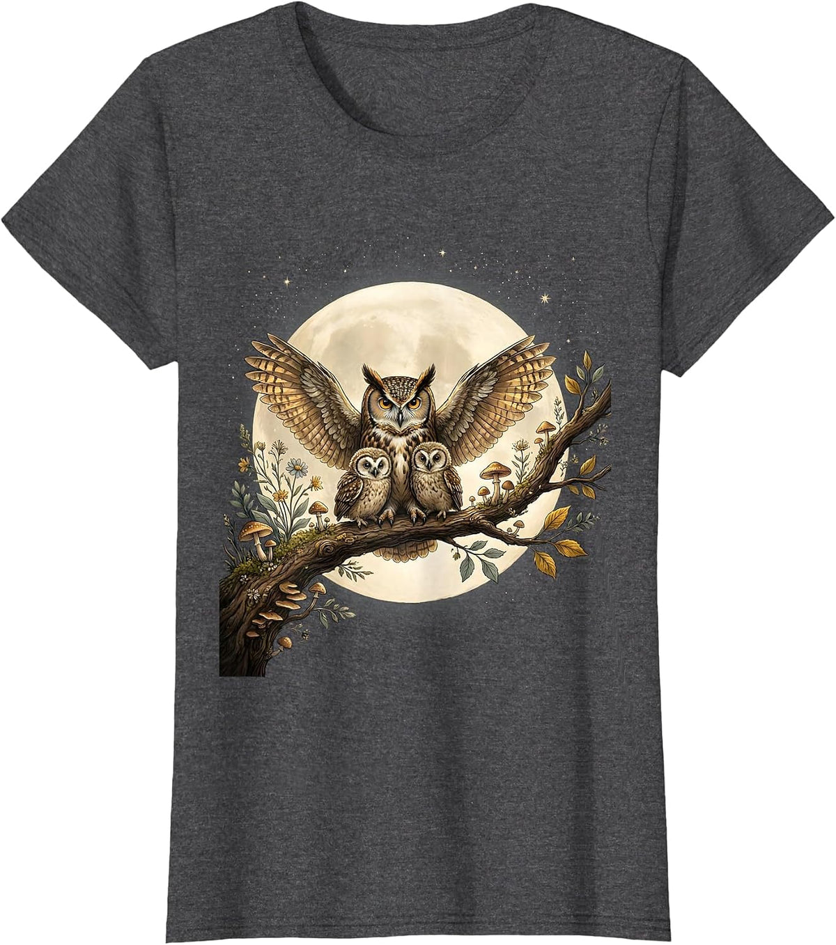 Women's Mother Owl and Owlets Full Moon Night Design T-Shirt - Dark Heather Grey