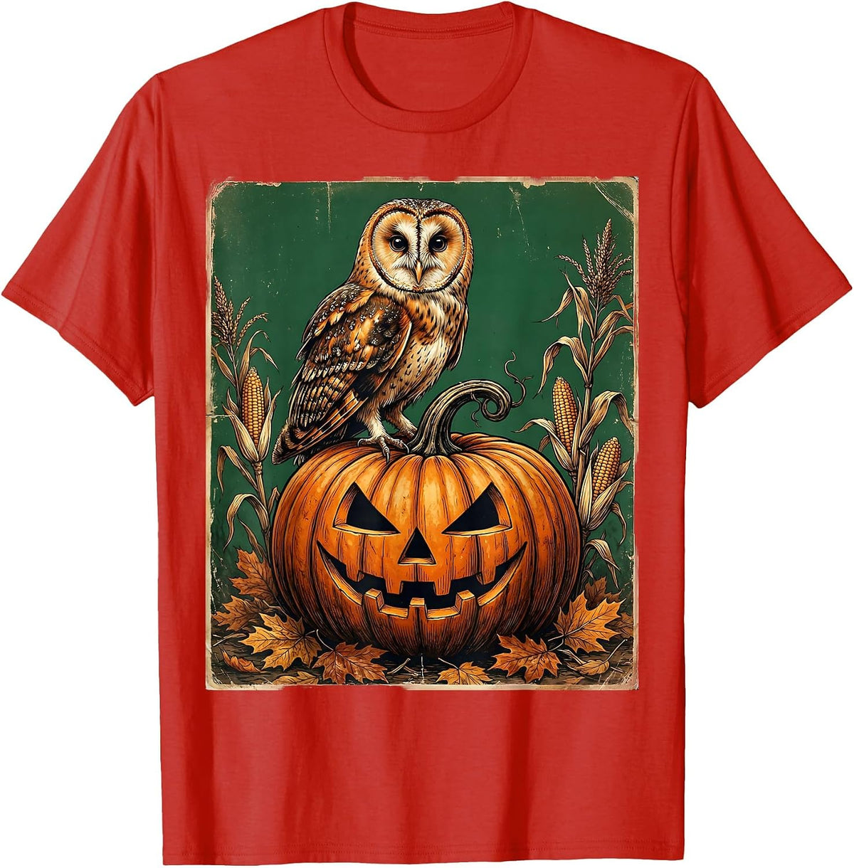 Men's Owl on Glowing Pumpkin Halloween Illustration T-Shirt - Red