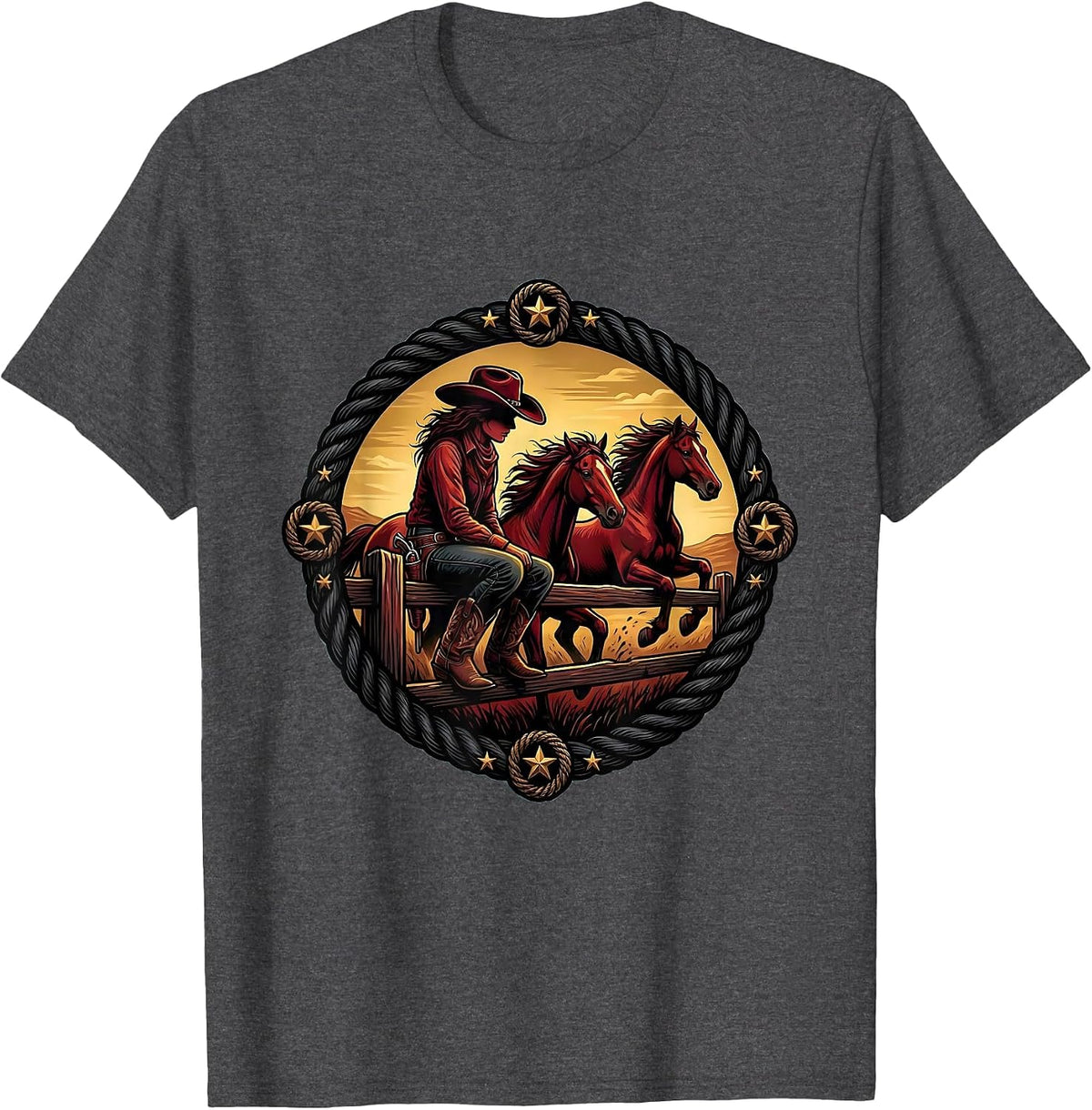 Men's Cowgirl Atop Fence Watching Wild Horses T-Shirt - Dark Heather Grey