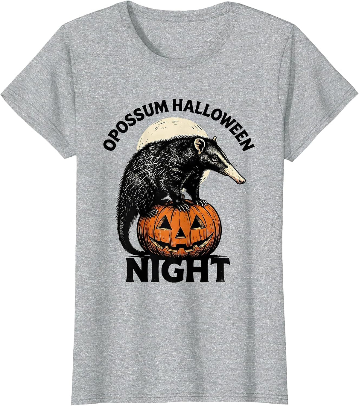 Opossum Halloween Night Linocut Spooky Moon Novelty T-Shirt - Heather Grey
