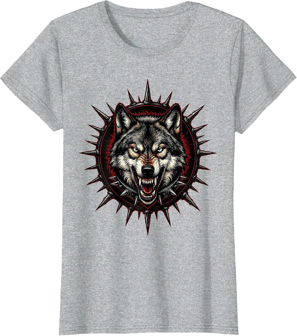 Snarling Wolf Spiked Collar Punk Band Graphic T-Shirt - Heather Grey