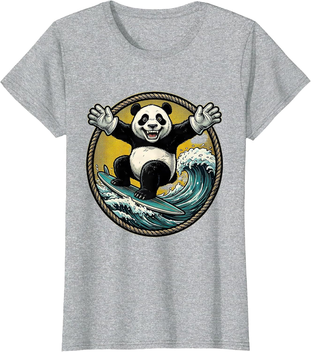 Women's Panda Surfing Ocean Wave Graphic Tee T-Shirt - Heather Grey