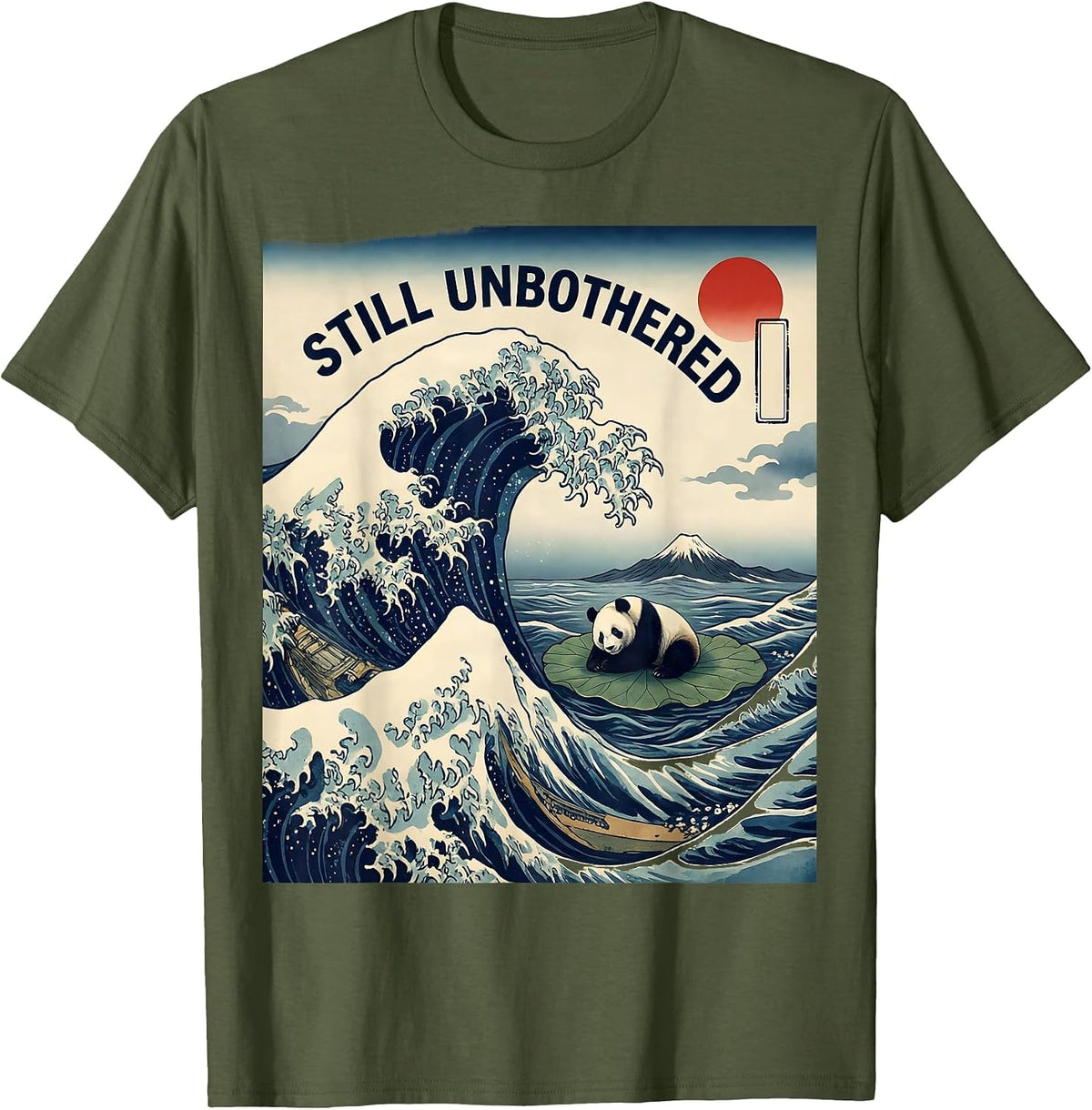 Still Unbothered Ukiyo-e Panda Animal Art Parody T-Shirt - Olive Green