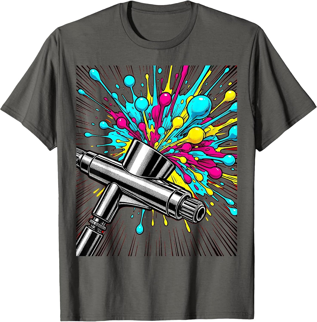 Airbrush Nozzle Close-Up Color Droplets Graphic T-Shirt - Asphalt Grey