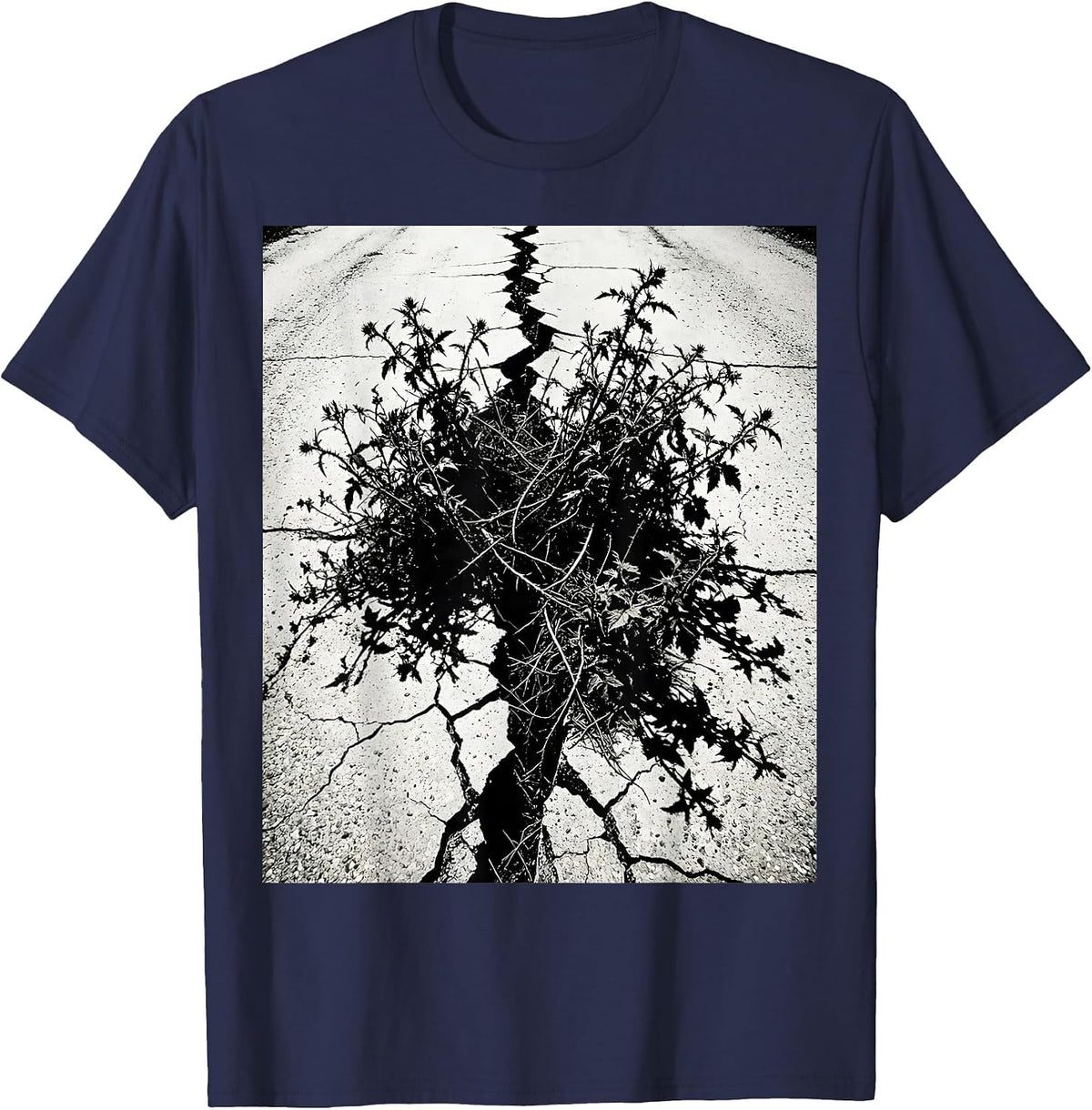 Grunge Cracked Pavement Dark Weeds Growing T-Shirt - Navy Blue