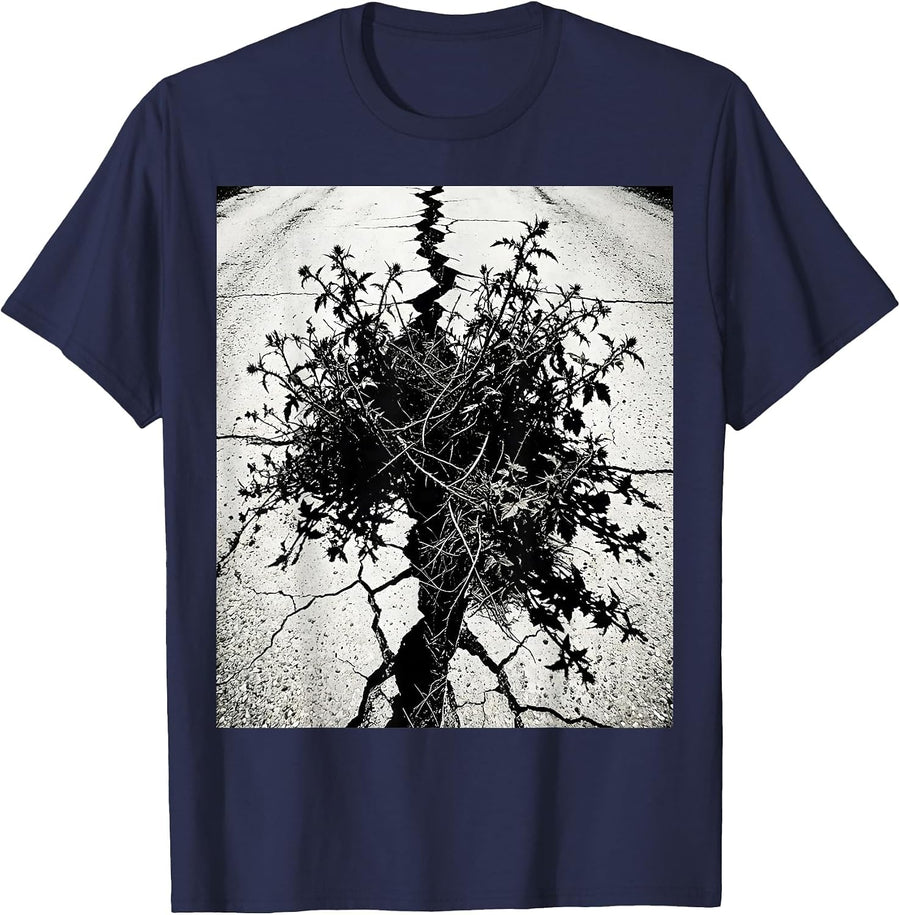 Grunge Cracked Pavement Dark Weeds Growing T-Shirt - Navy Blue