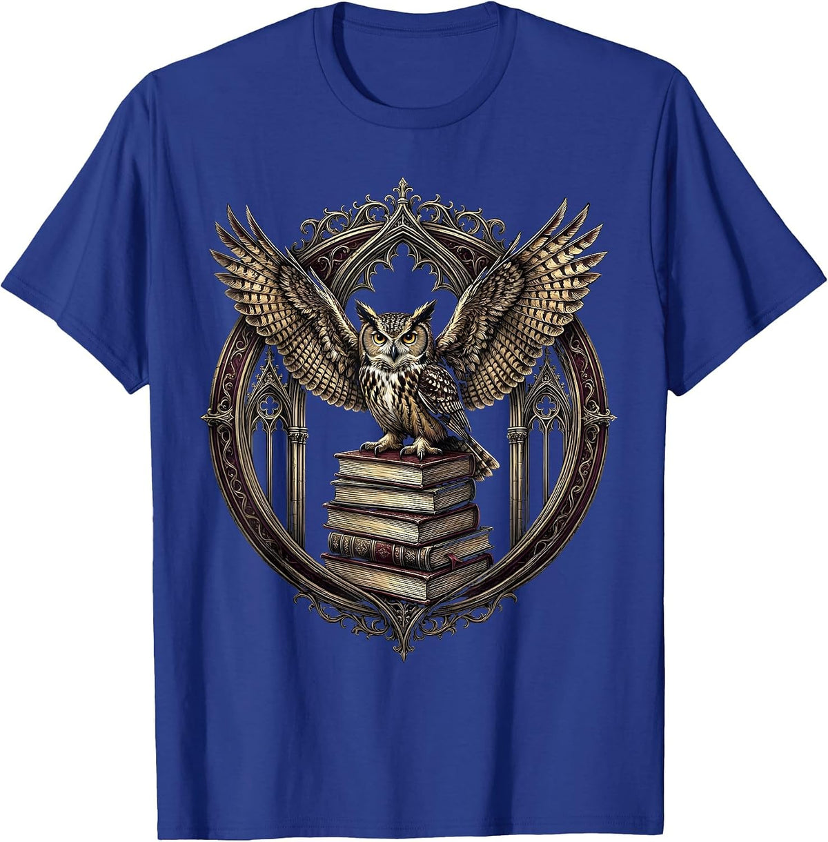 Halloween Teacher Owl on Books Illustration T-Shirt - Royal Blue