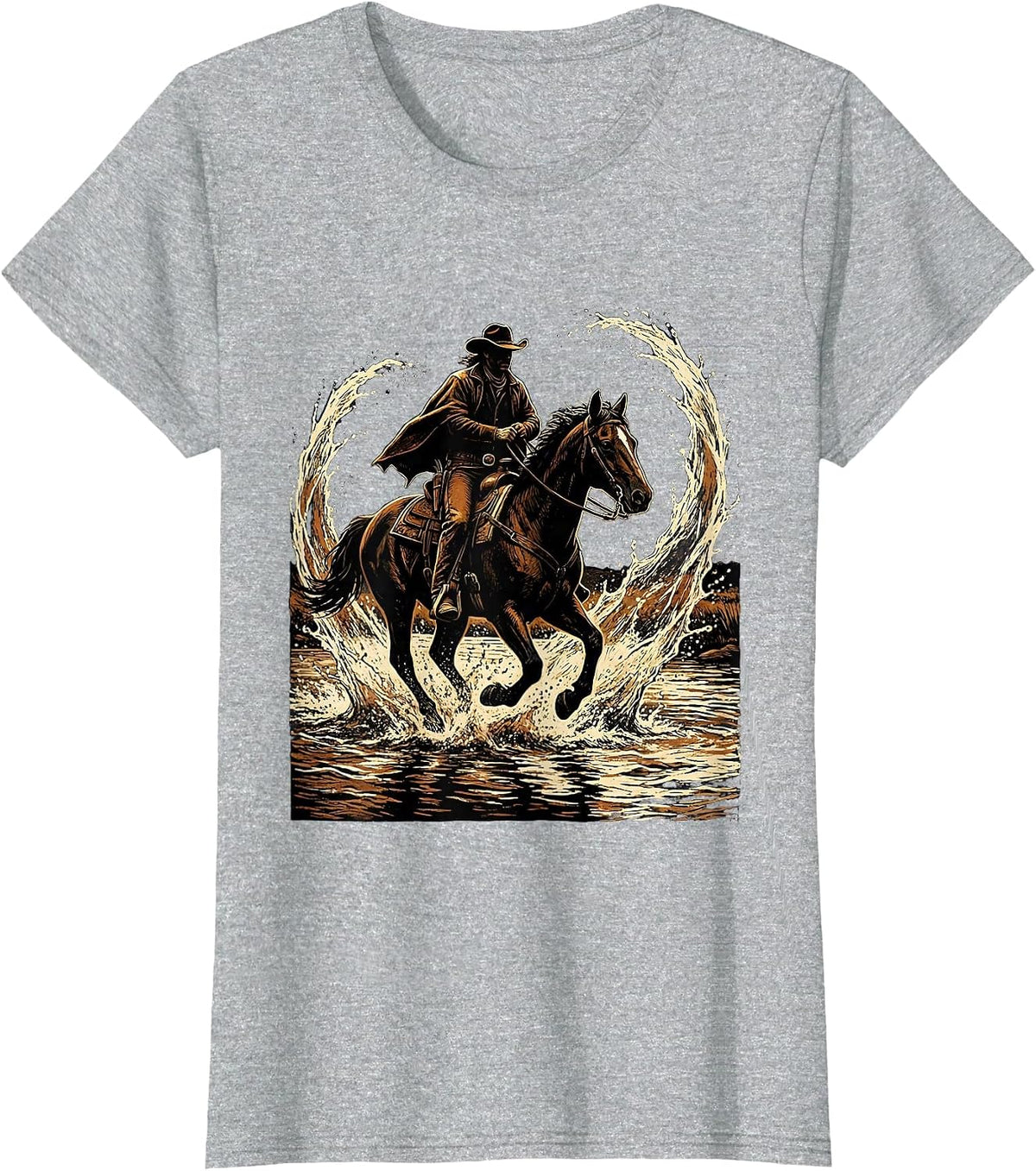 Cowboy Riding Horse Through River Splash T-Shirt - Heather Grey