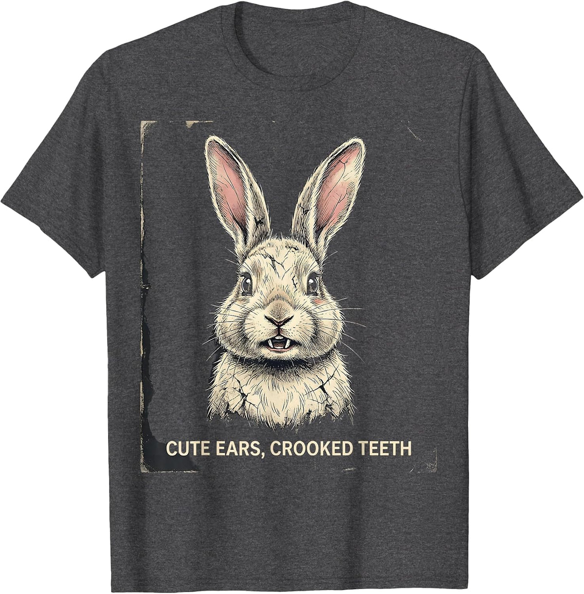 Cute Ears Crooked Teeth Distressed Bunny Rabbit Alt Goth T-Shirt - Dark Heather Grey