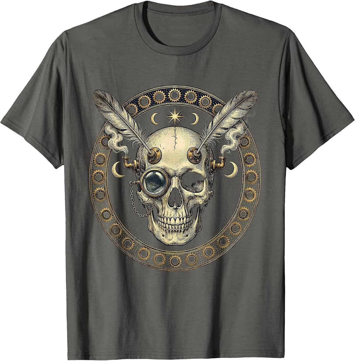 Steampunk Skull Monocle Steam Vent Gothic Art T-Shirt - Asphalt Grey