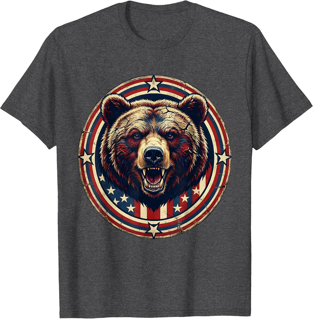 Patriotic Roaring Bear Stars and Stripes Design T-Shirt - Dark Heather Grey