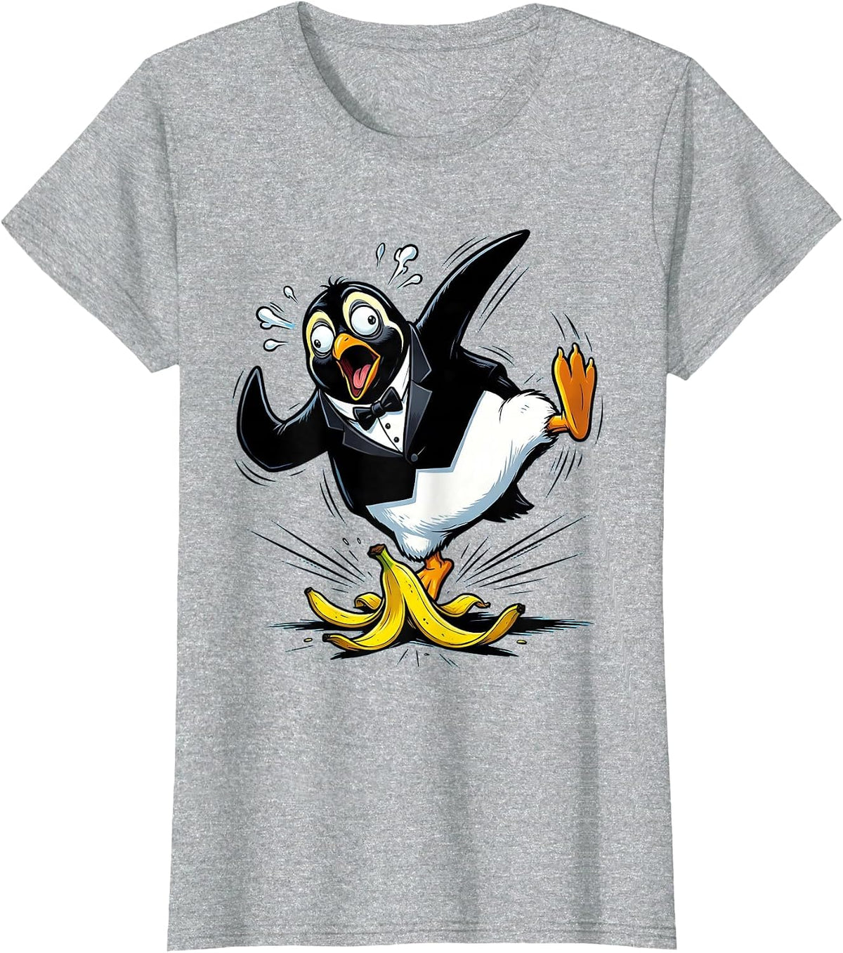 Women's Dramatic Penguin Banana Peel Slip Funny Art T-Shirt - Heather Grey