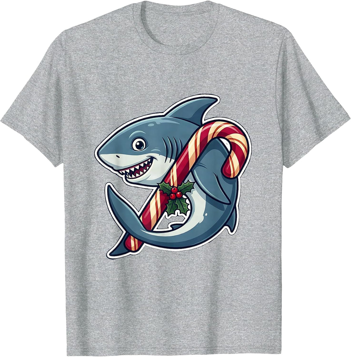 Men's Shark Candy Cane Funny Christmas Pun Novelty T-Shirt - Heather Grey