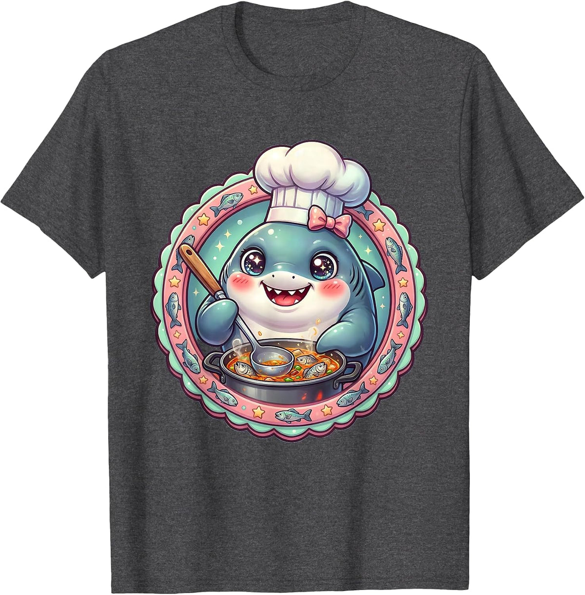 Mommy Shark Chef Cooking Fish Stew Illustration T-Shirt - Dark Heather Grey