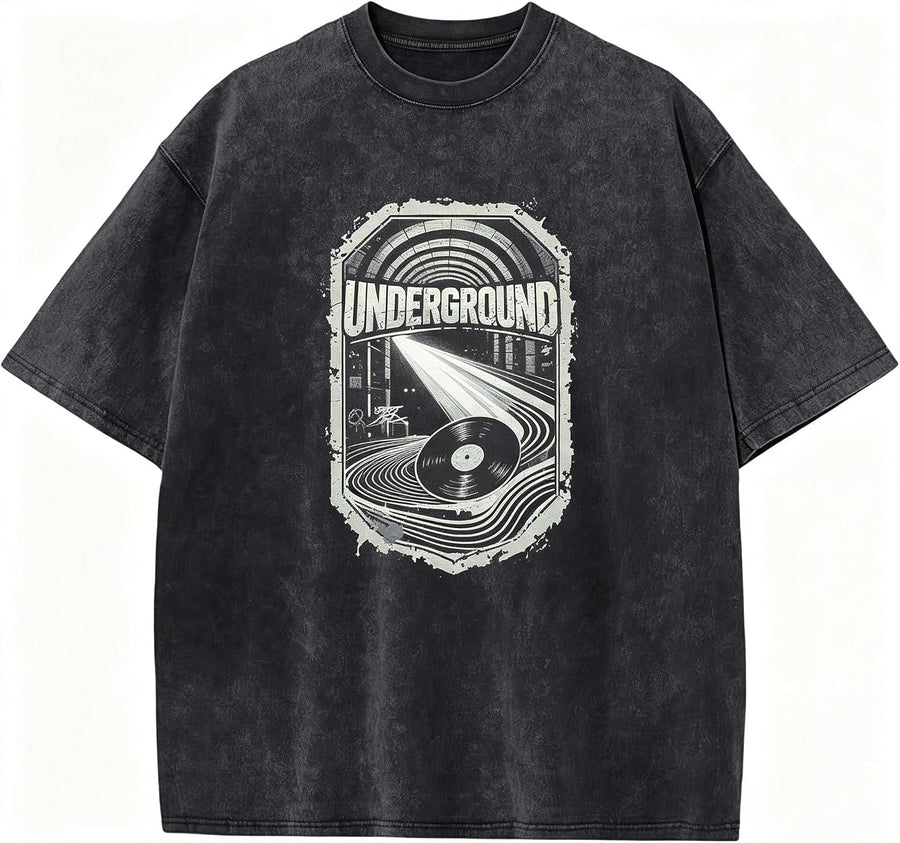 Underground Music Oversized Graphic T-Shirt Vinyl Record Vintage Band Tee Mineral Wash Retro Rock Shirt for Men Women -