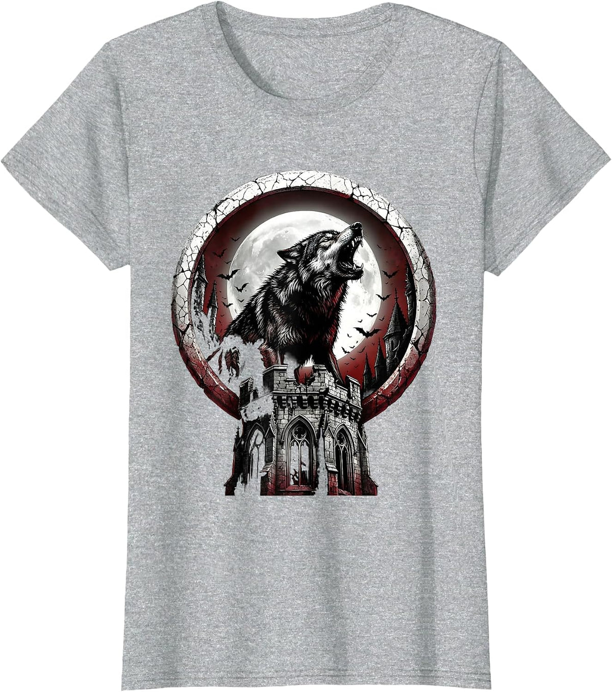 Wolf Howling Castle Heavy Metal Graphic T-Shirt - Heather Grey