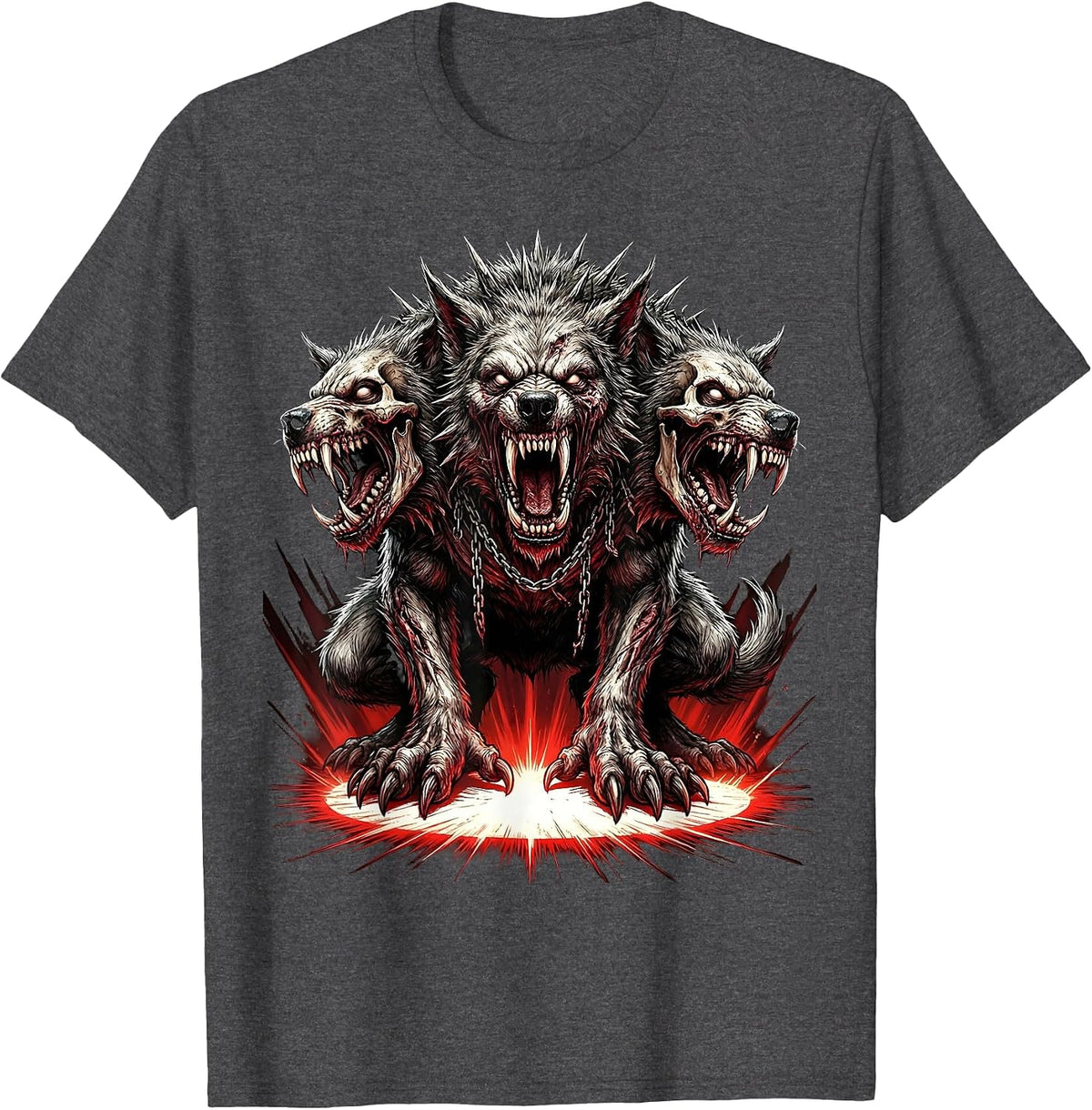 Three-Headed Dog Stage Spotlight Metal Graphic T-Shirt - Dark Heather Grey
