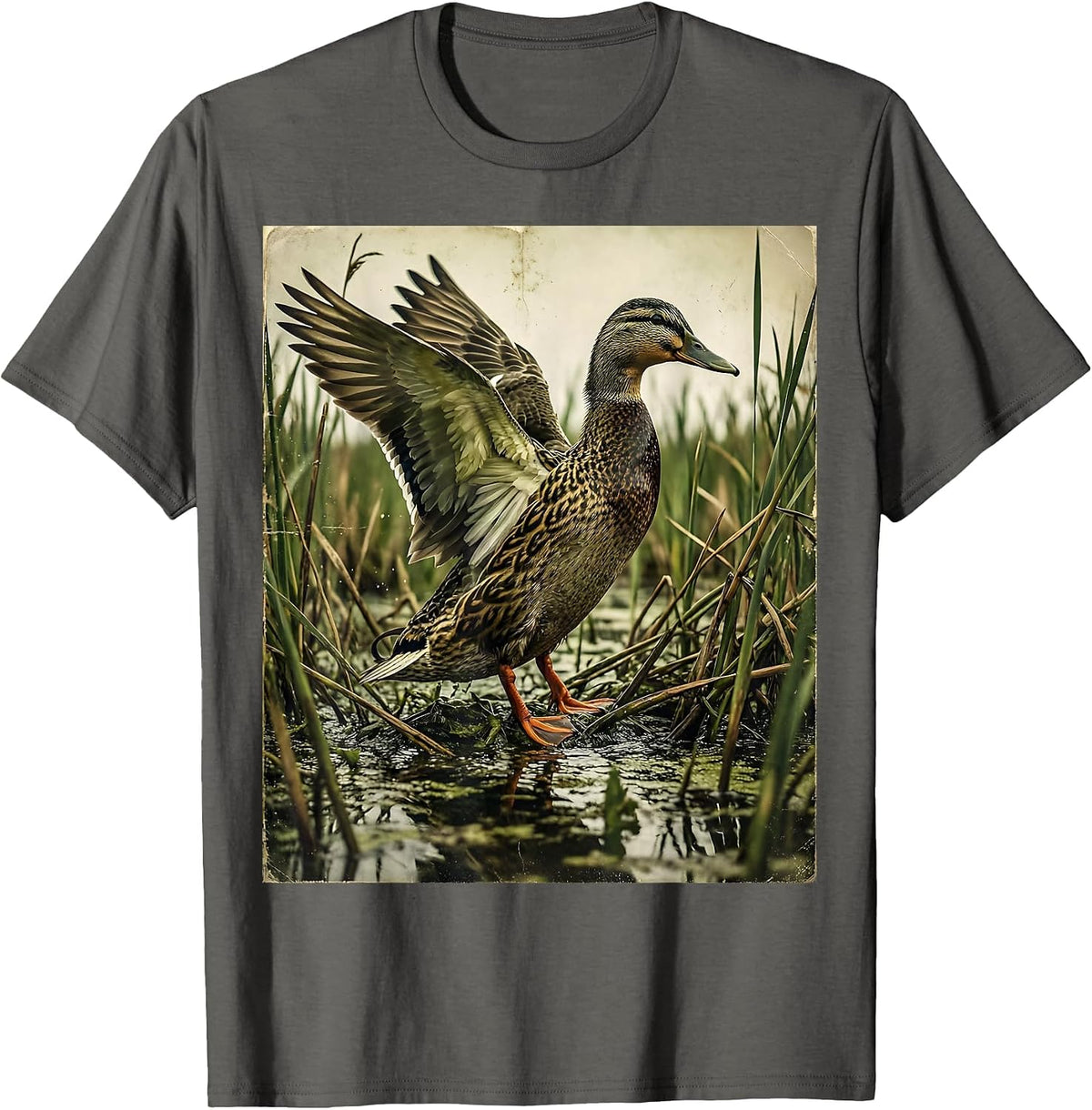 Men's Duck Camo Swamp Reeds Hunting Illustration T-Shirt - Asphalt Grey