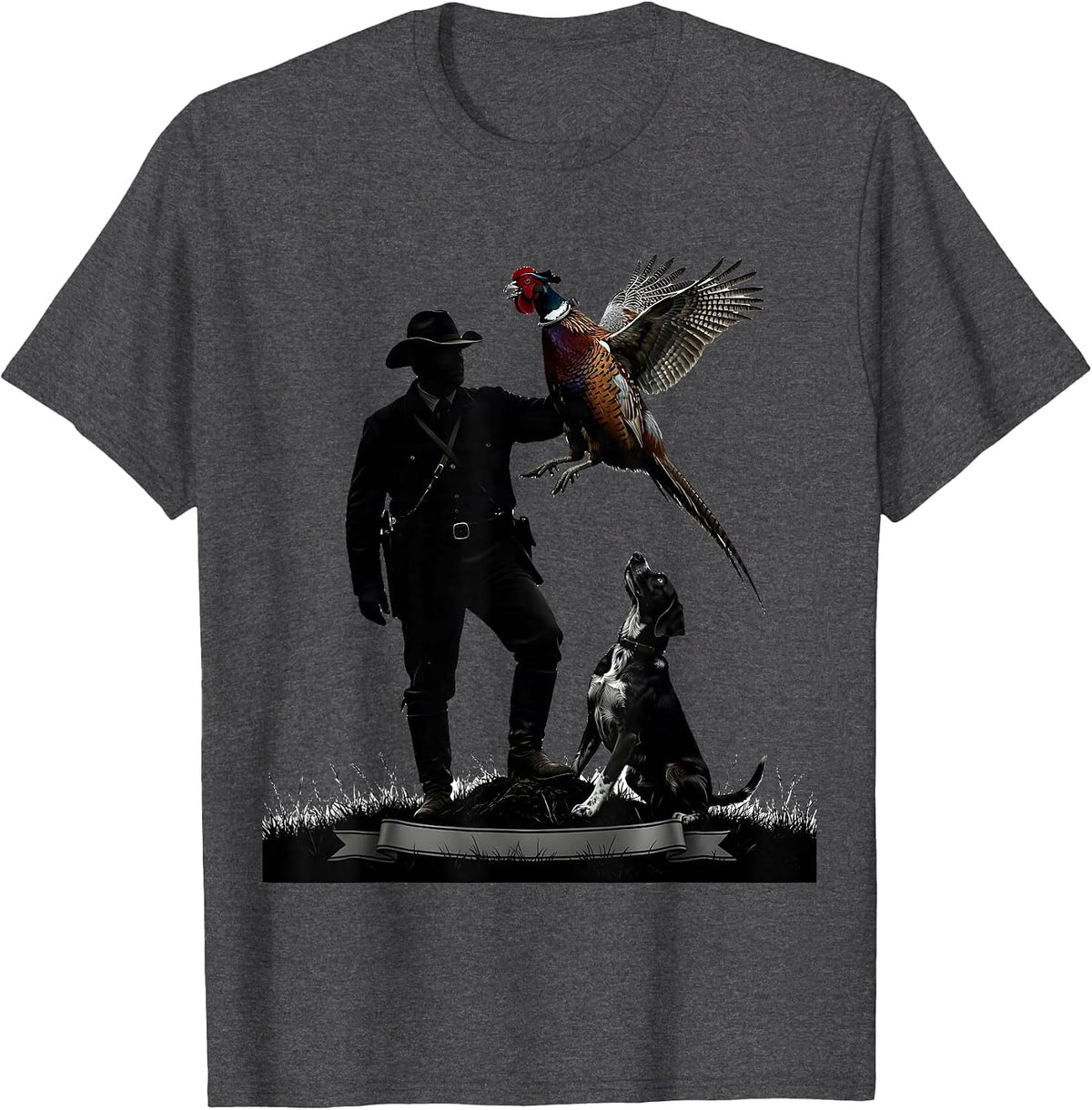 Men's Pheasant Hunter Silhouette Bird Dog Upland Hunting T-Shirt - Dark Heather Grey