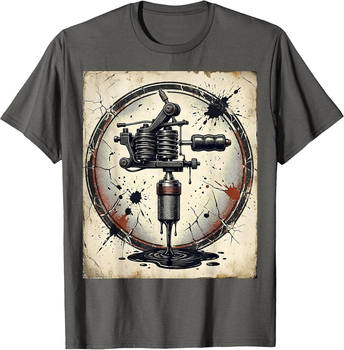 Tattoo Machine Dripping Ink Bold Graphic Design T-Shirt - Asphalt Grey