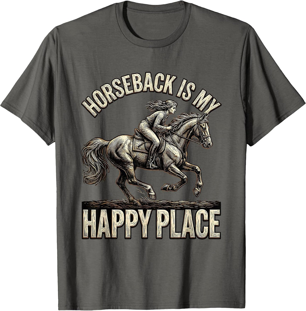 Horseback Is My Happy Place Horse Riding Design T-Shirt - Asphalt Grey