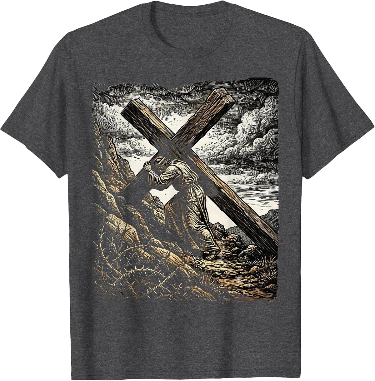 Jesus Carrying the Cross Up the Hillside T-Shirt - Dark Heather Grey