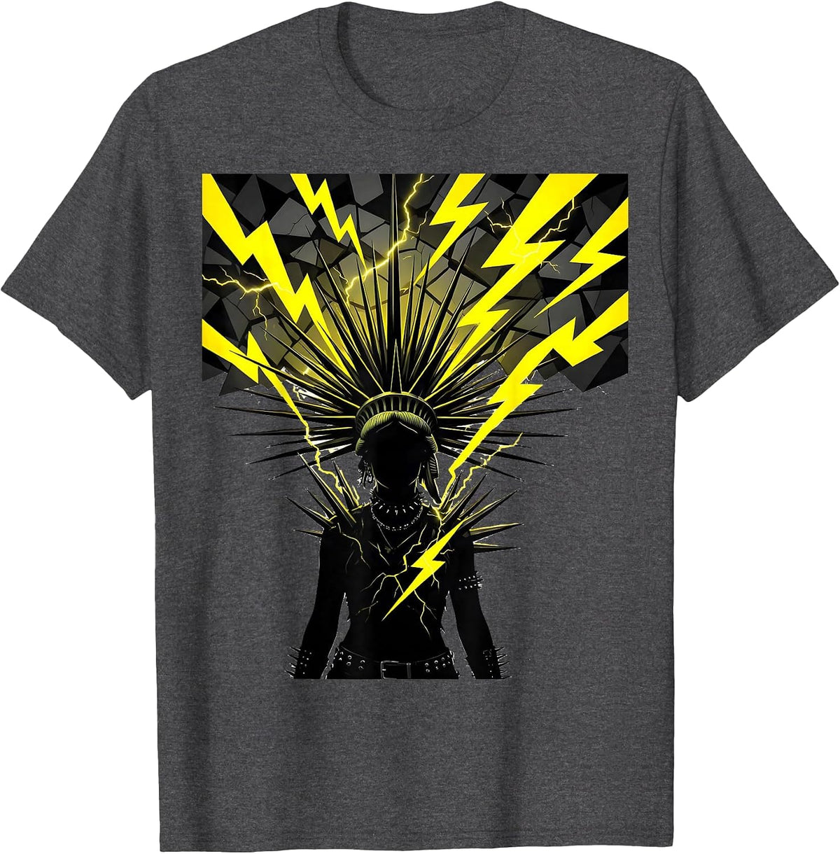 Punk Lightning Silhouette Liberty Spikes Design T-Shirt - Dark Heather Grey