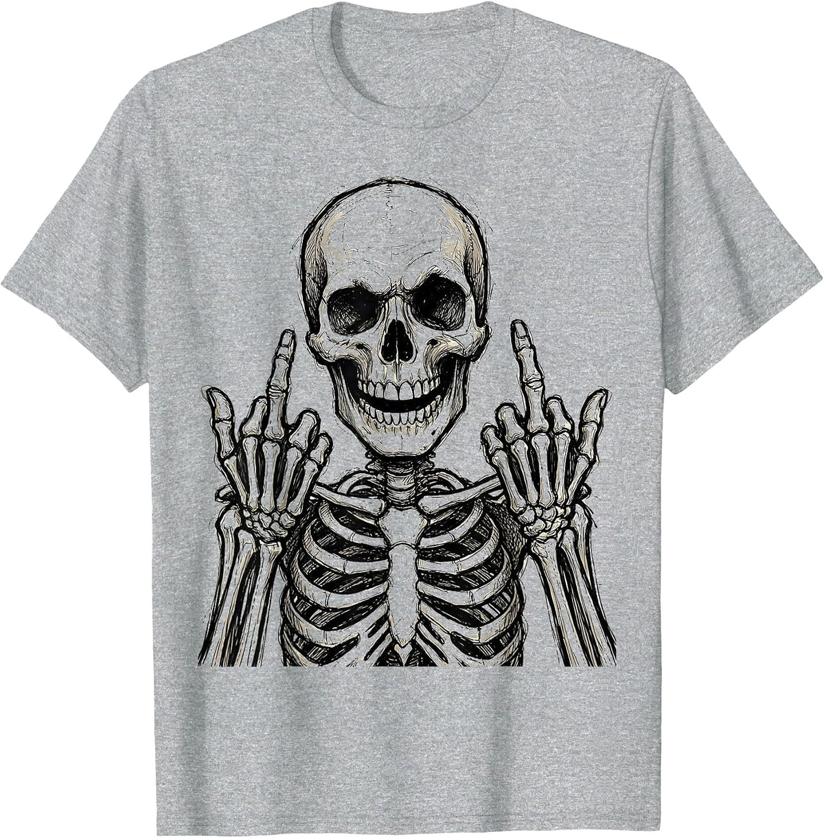 Men's Skeleton Double Middle Fingers Graphic T-Shirt - Heather Grey