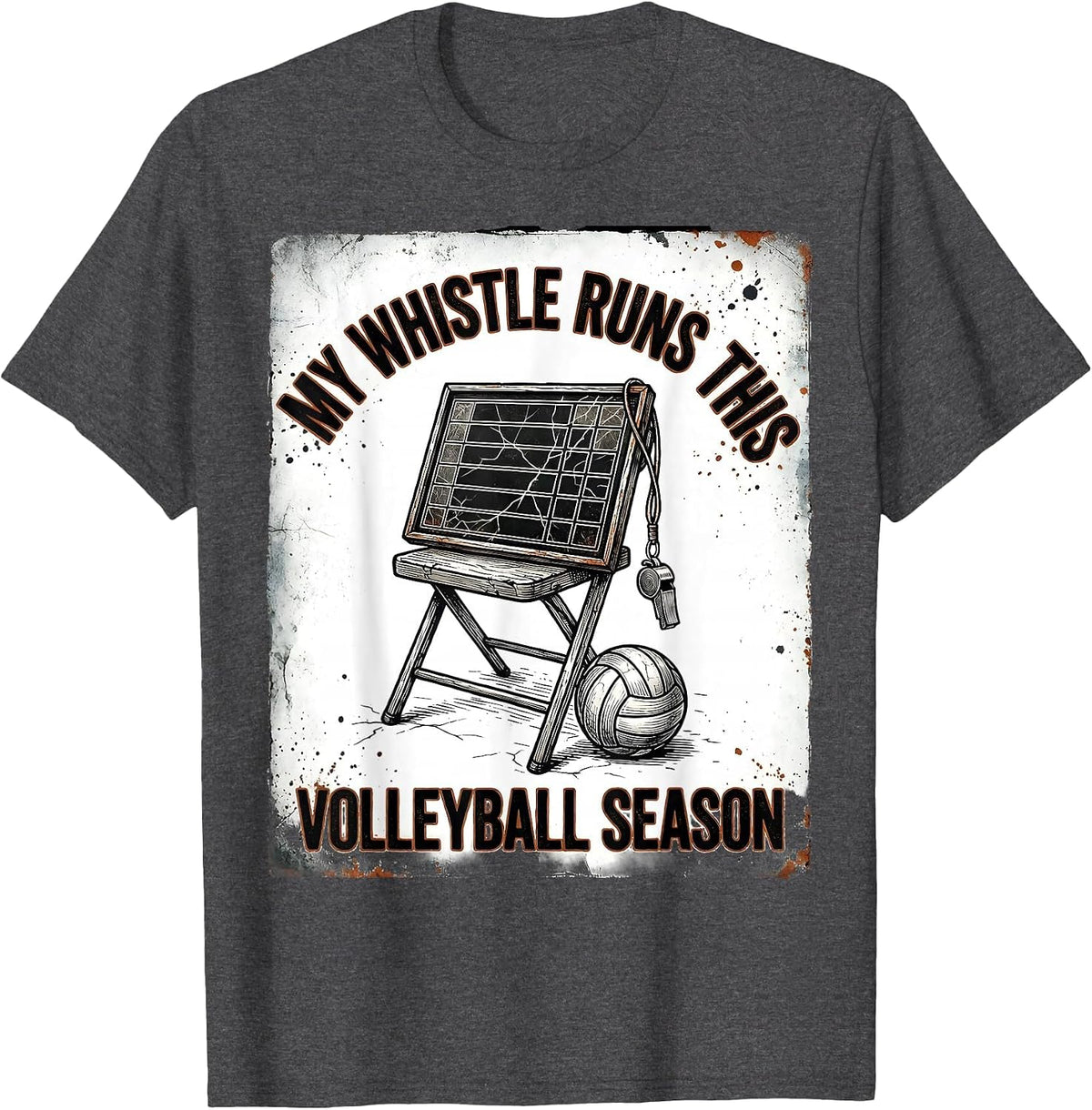 Men's My Whistle Runs This Volleyball Season Distressed Messy Bun T-Shirt - Dark Heather Grey