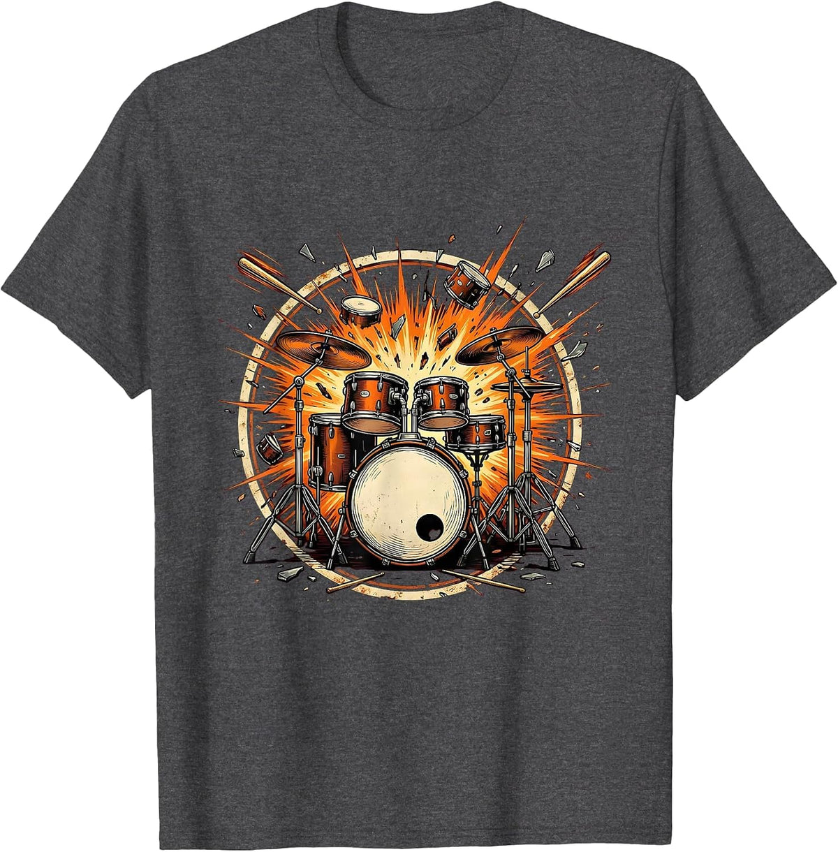 Exploding Drum Kit Rock Music Graphic Tee T-Shirt - Dark Heather Grey