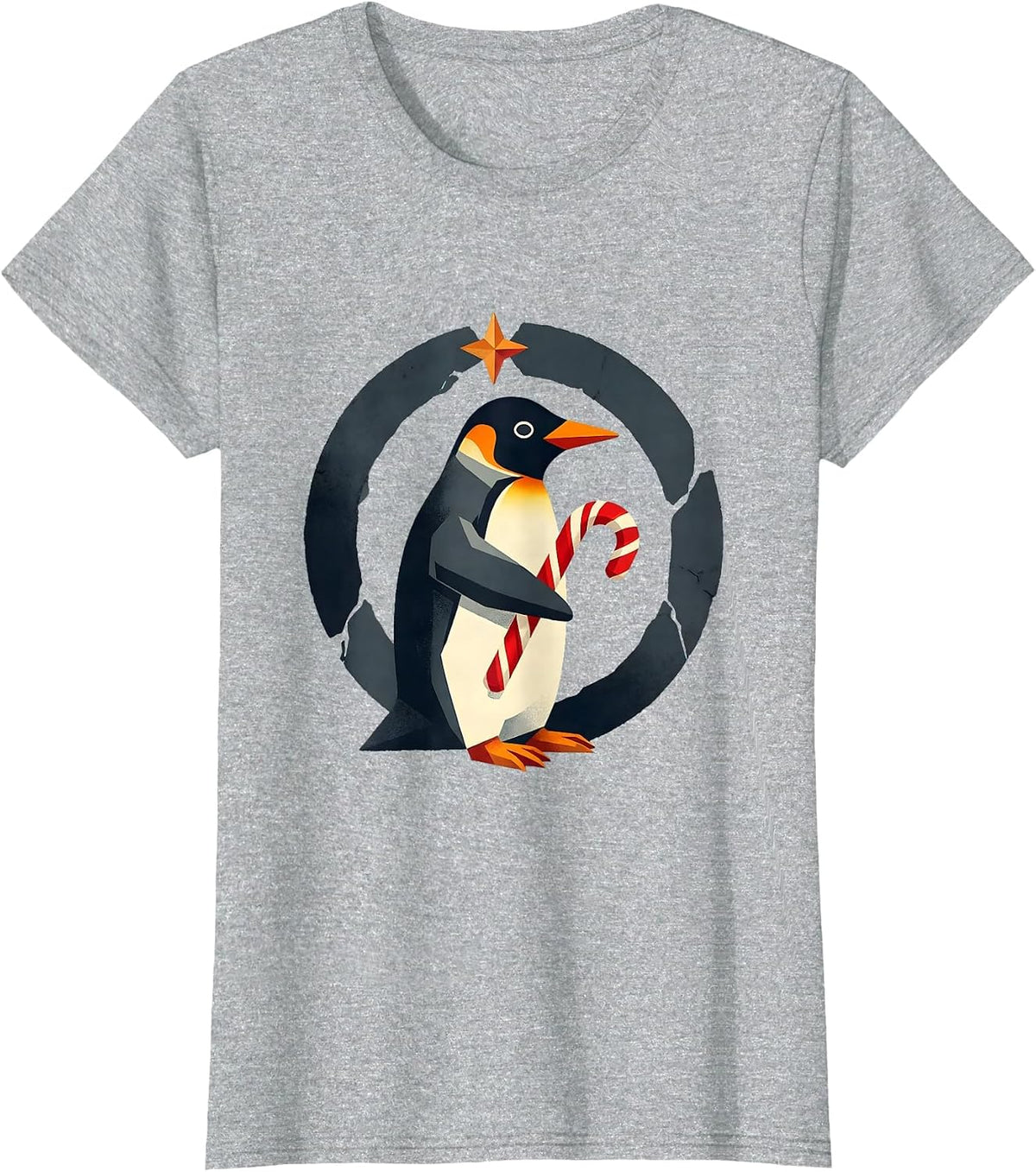 Women's Penguin Holiday Candy Cane Midcentury Modern Ugly Christmas T-Shirt - Heather Grey