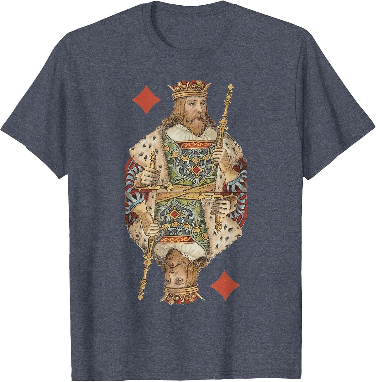 King of Diamonds Antique Art Nouveau Playing Card Art T-Shirt, Men, Heather Blue, Small - As Pictured