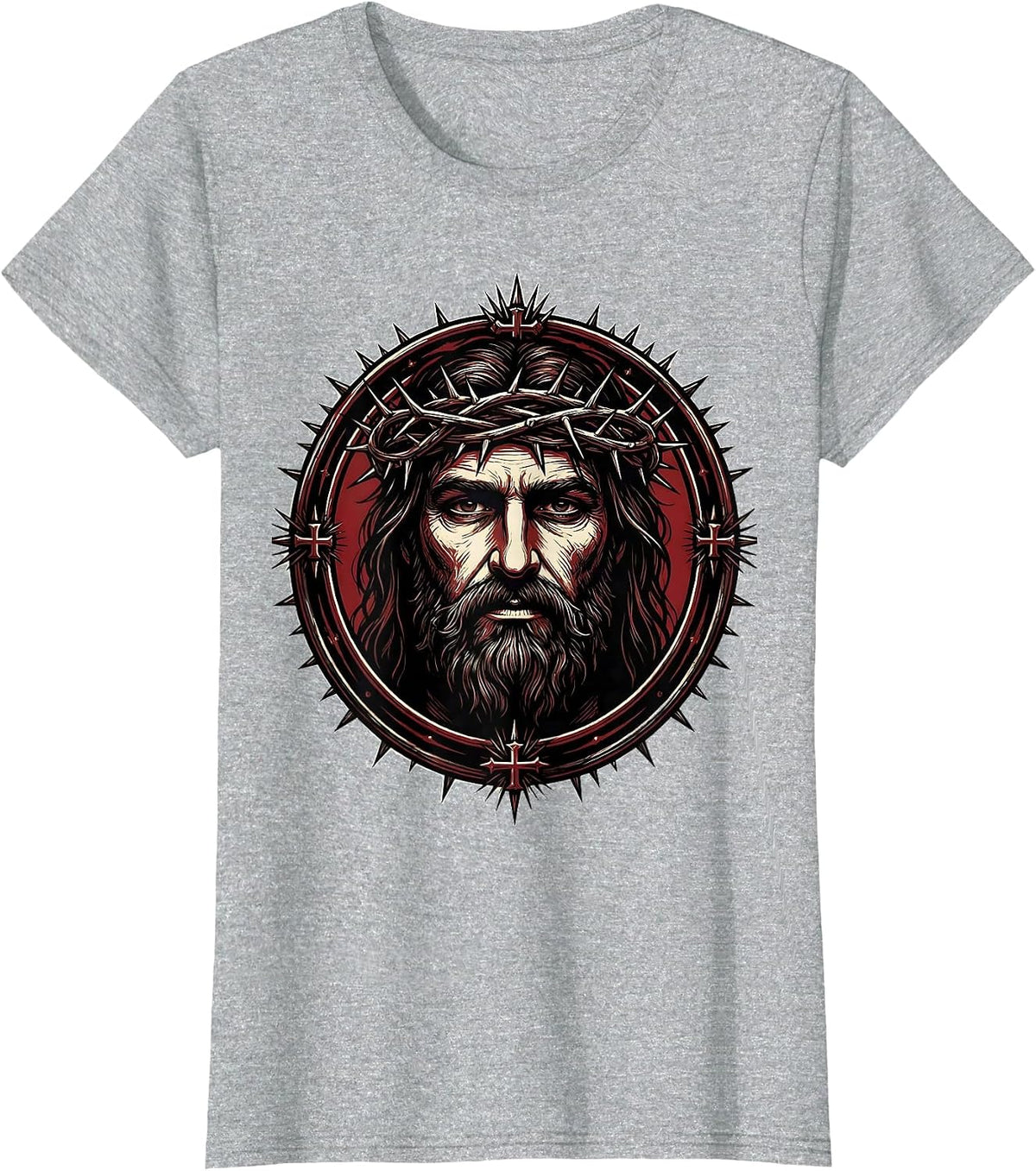 Jesus Crown of Thorns Portrait Graphic Tee T-Shirt - Heather Grey